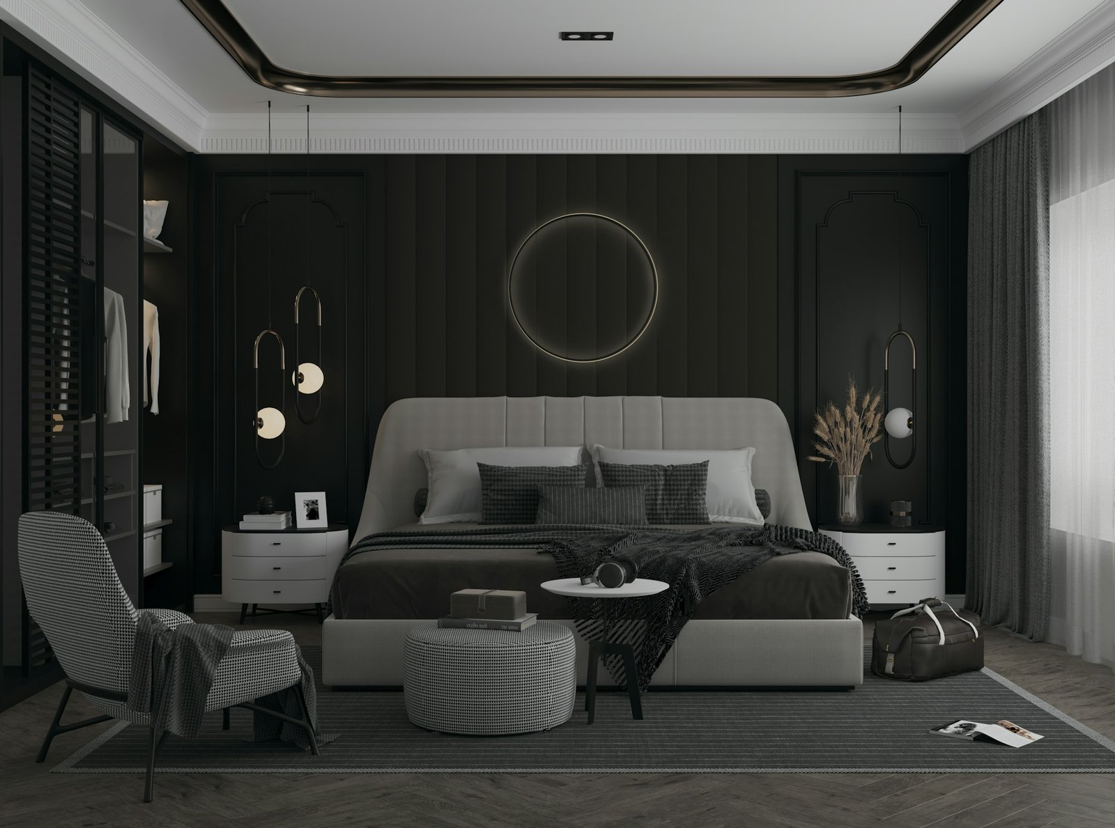 Chambre sombre aux textures mates et à l'éclairage discret.